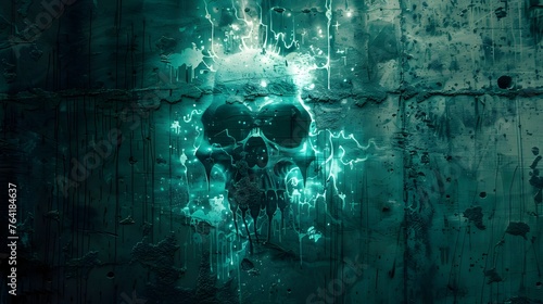 Glowing Teal Skull Adorning a Weathered Wall in a Cinematic Fantasy Digital Art Style © vanilnilnilla