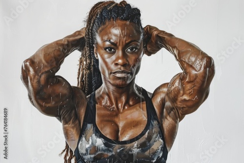 photorealistic studio portrait of a muscular woman bodybuilder on white background
