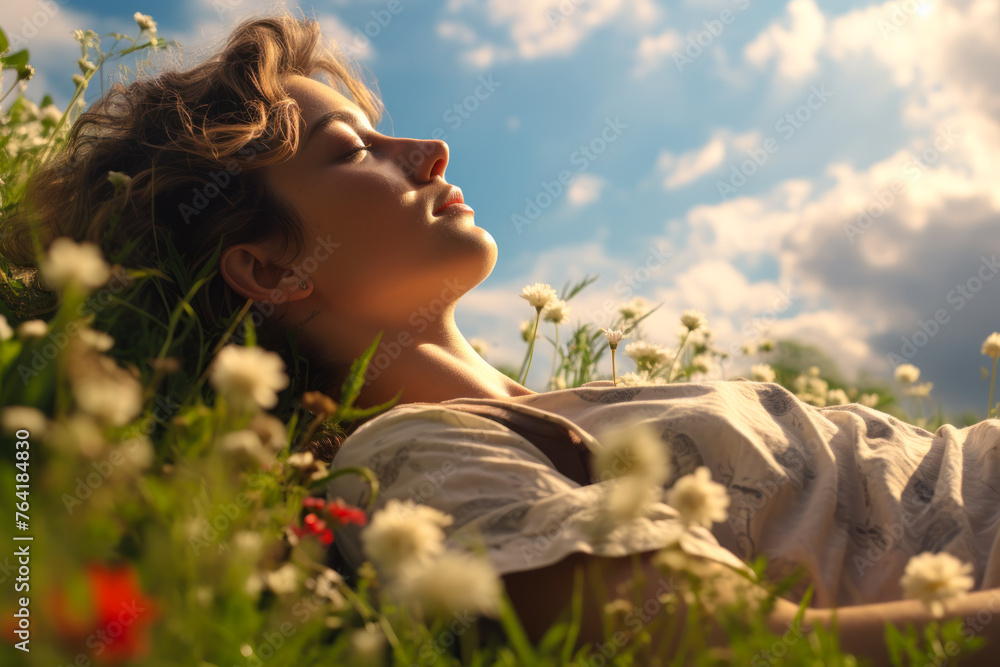 Naklejka premium Woman Relaxing in a Flower Field.