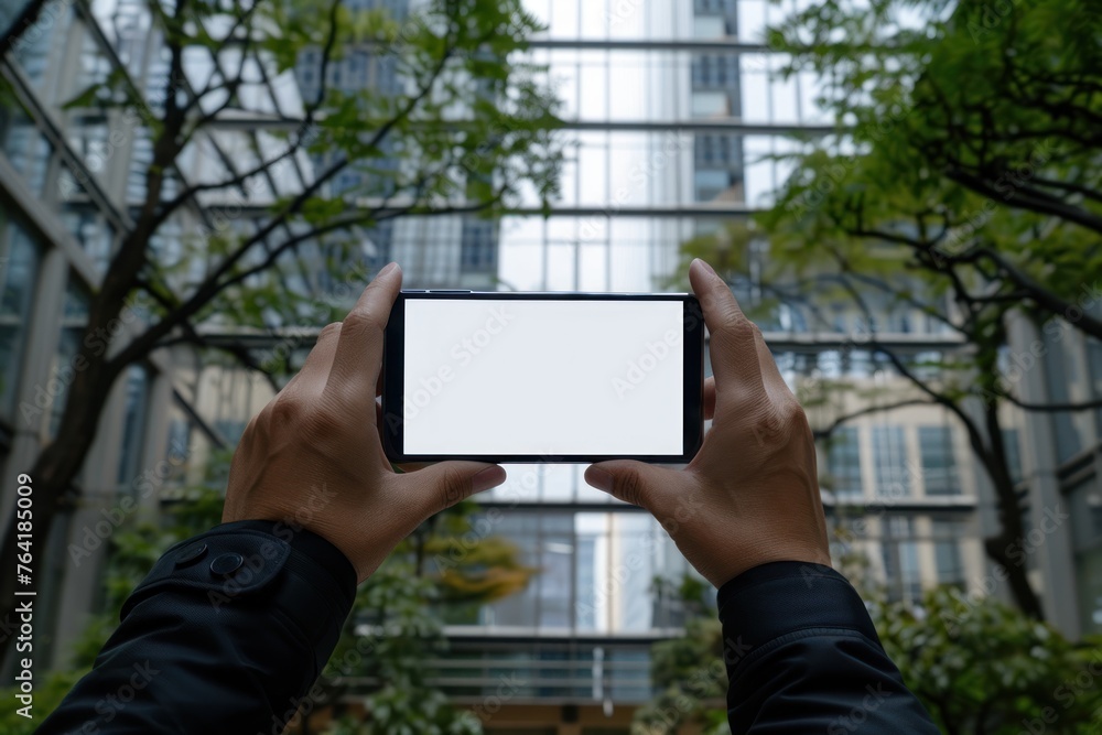 Two hands holding a mobile device with horizontal white screen, outdoor office building Two hands holding a mobile device with horizontal white screen, outdoor office building