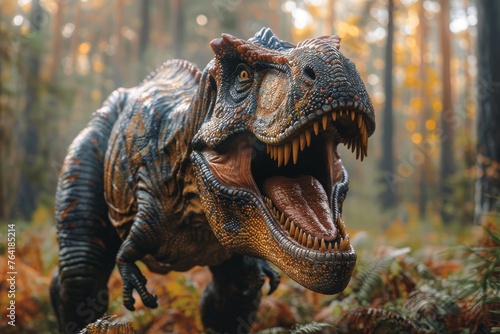 A detailed Tyrannosaurus rex in a forest setting, with mist adding a mysterious, prehistoric feel to the image © svastix