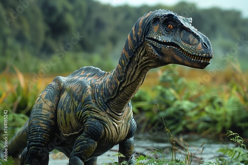 This image features a lifelike model of Diplodocus in its natural swamp-like habitat, full of detail © svastix