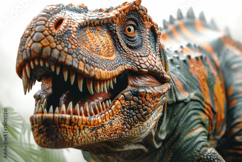 An up-close, highly detailed view of an Allosaurus's face showing its terrifying features