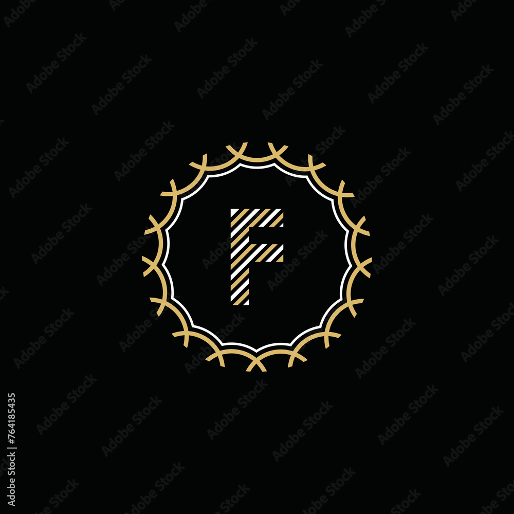 Golden and white vector frame with letter F