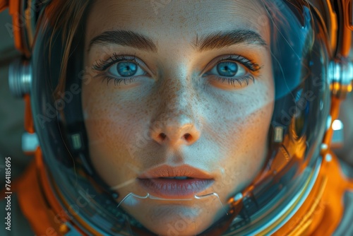 Futuristic close-up of an astronaut's face with a helmet visor, showing a reflection of space