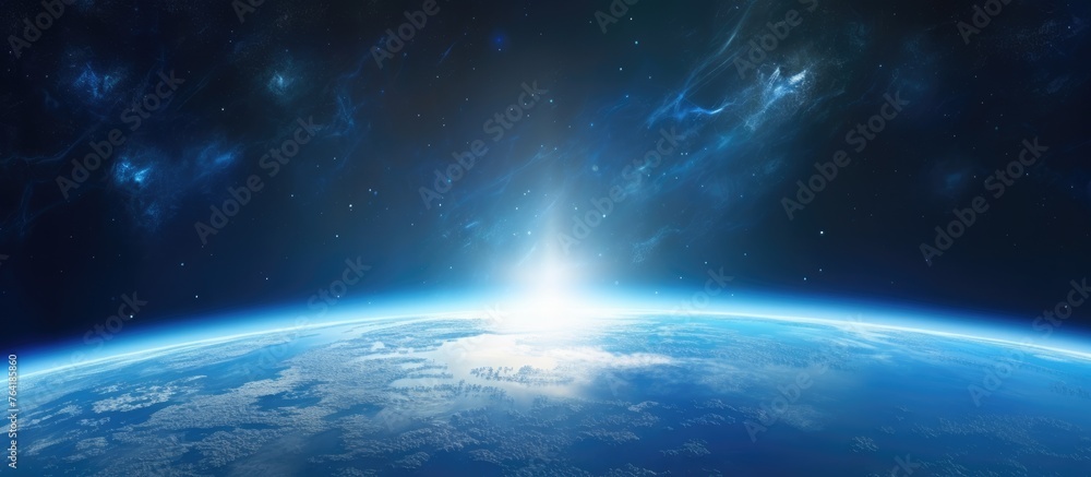 An image showing the Earth from space with a radiant light shining over it, illuminating the planet in a mesmerizing display