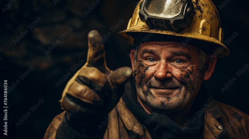 A man in a yellow helmet and gloves is giving a thumbs up