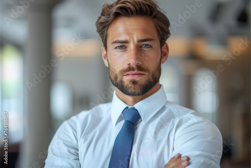 An intense corporate leader in a formal shirt and tie, stands with arms folded, symbolizing strength and determination photo