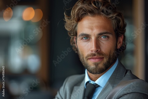 A confident executive with alluring blue eyes and a modern hairstyle presents a combination of style and leadership in a business setting photo