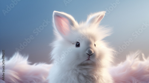 One cute fluffy little rabbit white hare animal close-up sits on a pink blue background. Hare who needs a hairdresser. photo