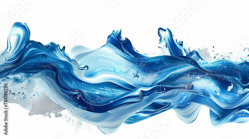 Dynamic blue waves with splashes on white background.