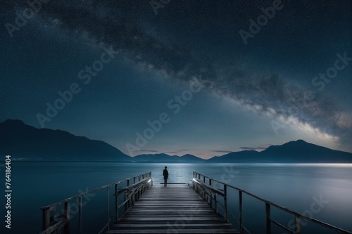 lonely man stand on pier at night on sea background and starry sky