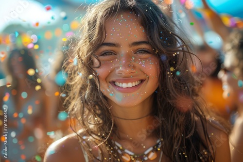 A smiling young woman enjoys a cheerful celebration amid falling confetti and festive decorations