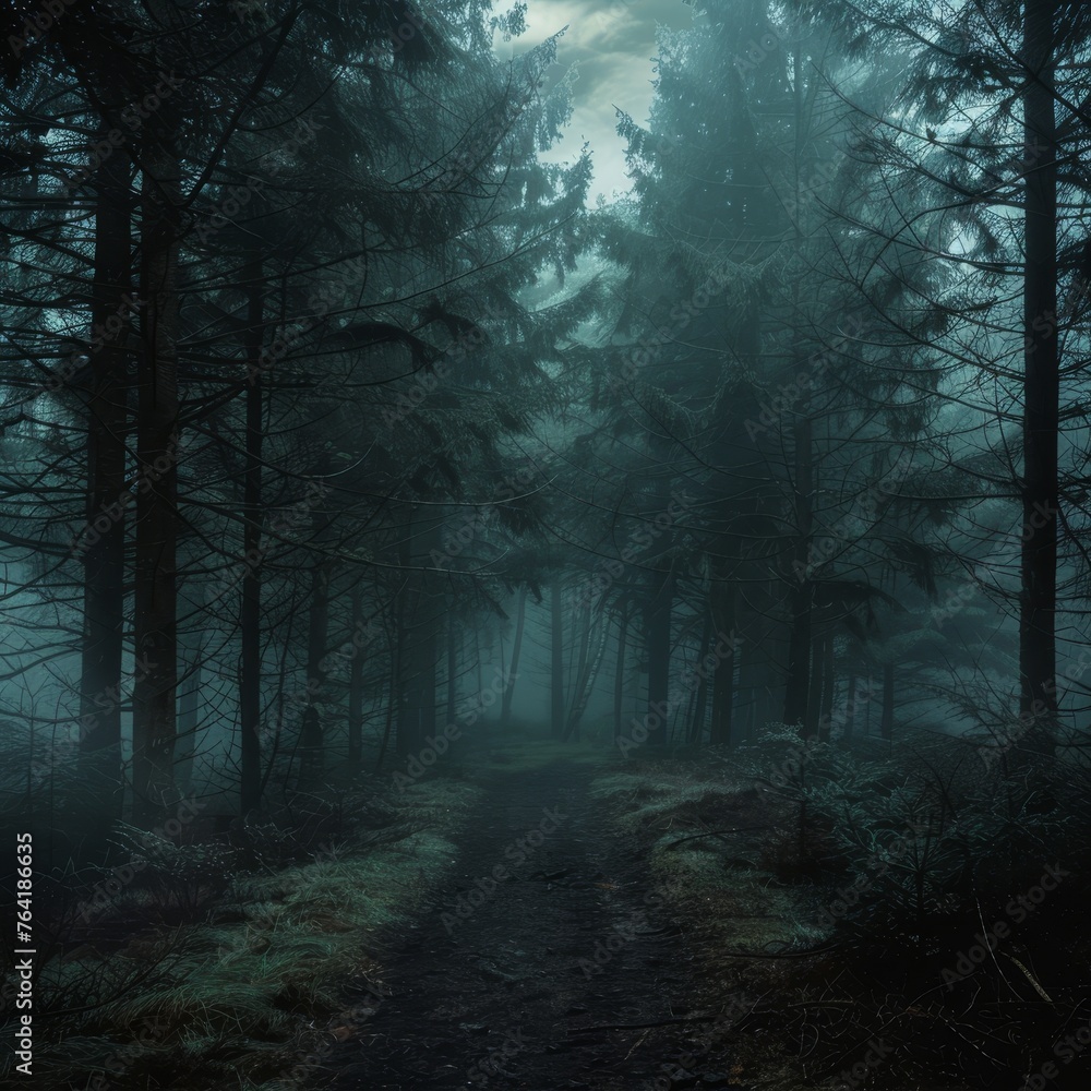 a path through a forest with fog