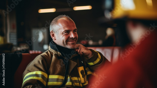 A man in a fireman's uniform is smiling and talking to someone