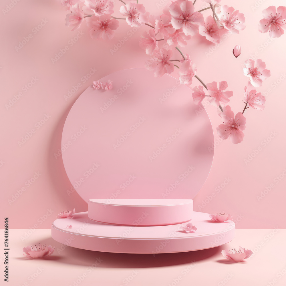Empty round podium for product display on pink background with cherry blossoms Generative AI illustration