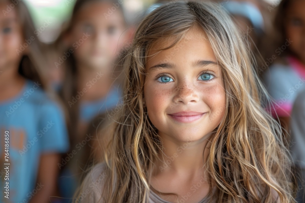 A young girl smiles brightly in a group of children, displaying friendliness and cheerful disposition A young girl smiles brightly in a group of children, displaying friendliness and cheerful disposition