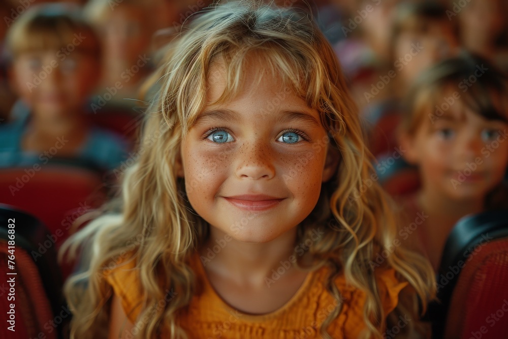 A charming young girl with sparkling blue eyes and blonde hair smiling amongst a crowd of children A charming young girl with sparkling blue eyes and blonde hair smiling amongst a crowd of children