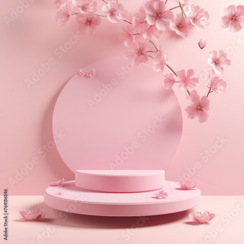 Empty round podium for product display on pink background with cherry blossoms Generative AI illustration © PhotoToolsAi