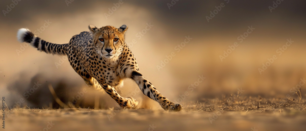 Obraz premium Cheetah running to hunt in the savannah, panoramic wildlife wallpaper with copy space