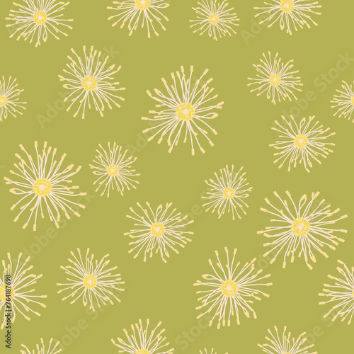 Yellow flowers on green background, abstract seammless pattern