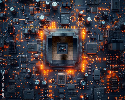 Capture the intricate design and precision of circuit boards in a visually striking aerial view Highlight the intricate patterns and components that make electronic devices tick