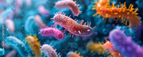 Microscopic bacteria in a human intestine, dancing A variety of colorful microbes harmoniously co-existing in a vibrant world of digestive health Realistic, Soft lighting, Depth of field photo