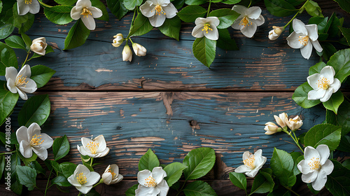 Jasmine flowers on a wooden table (ID: 764188206)