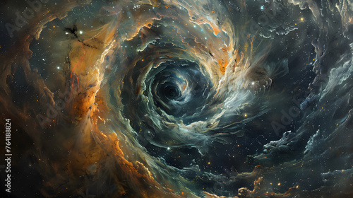 An artwork of spiraling nebula clouds, with a cosmic void as the background, in a dimension of interstellar dreams © VirtualCreatures