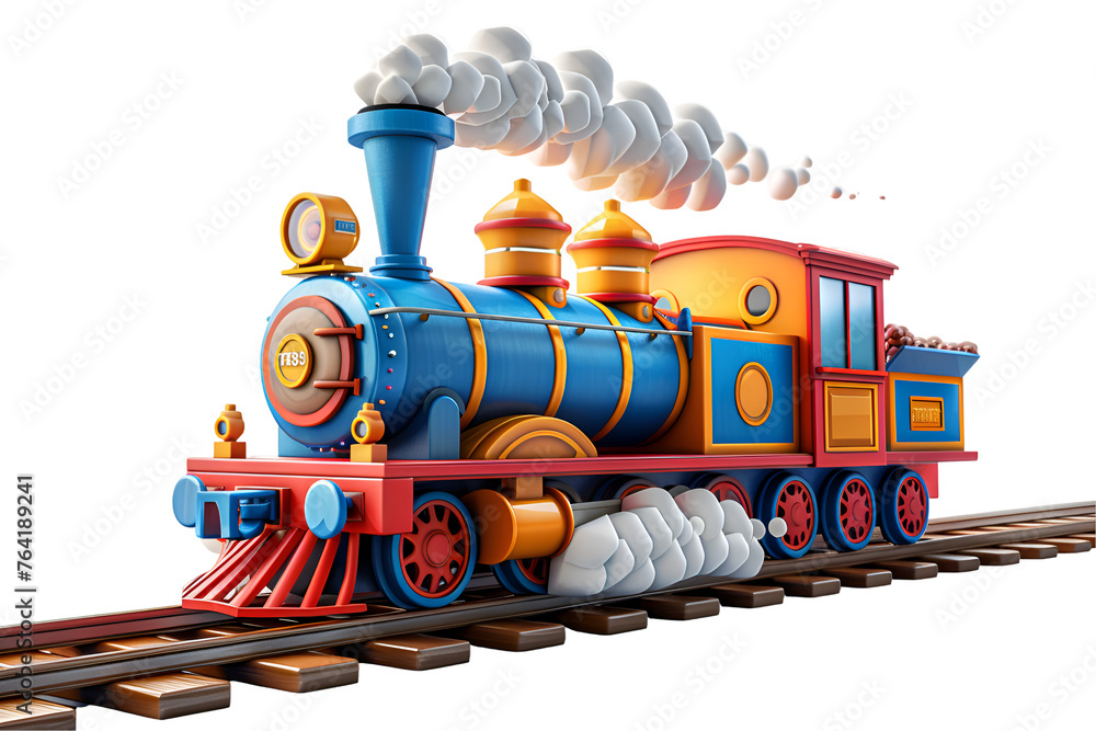 A 3D animated cartoon render of a colorful locomotive with smoke coming out. - obrazy, fototapety, plakaty 