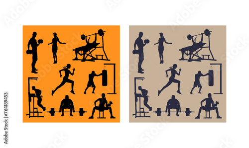 gym fitness silhouettes, sport people silhouette set, group, set, icons, icon, silhouette, sport, sports,