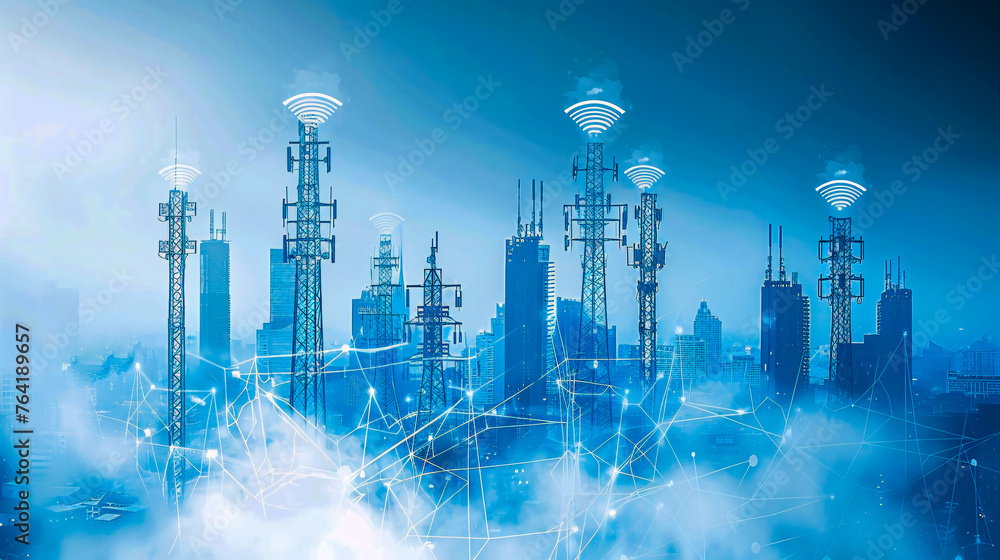 City skyline with connected network icons, symbolizing smart city and digital communication
