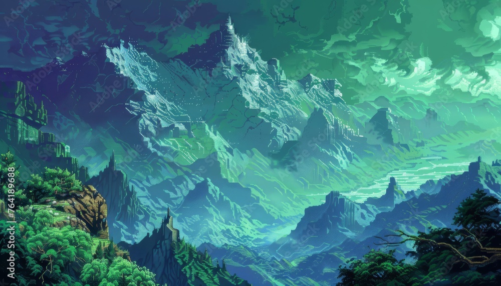 Retro Green Mountain Landscape in Pixels