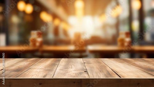 The empty wooden table top with blur background of cafe. Exuberant image. generative ai