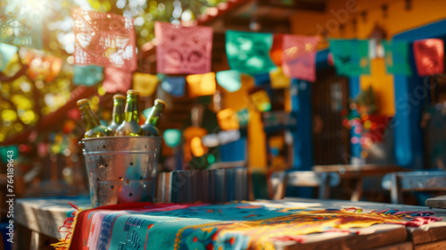 A festive outdoor setting with a colorful Mexican papel picado hanging above a table adorned with a vibrant tablecloth and a bucket filled with cold beverage bottles