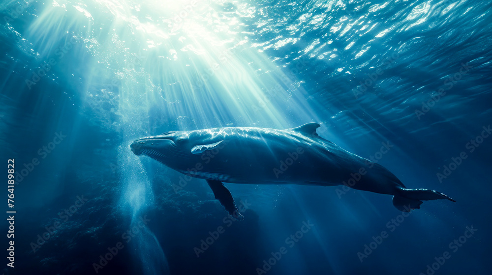 A whale swimming from the deep sea to the surface, under the underwater light rays of the sun