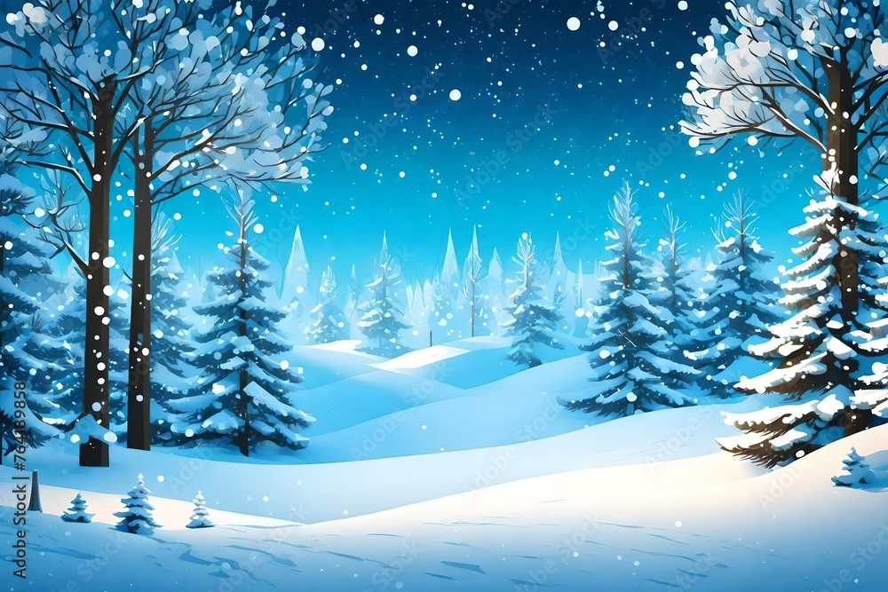 EPS 10 vector file showing christmas time nature landscape background with snow fields, firs, falling flakes and colored background2