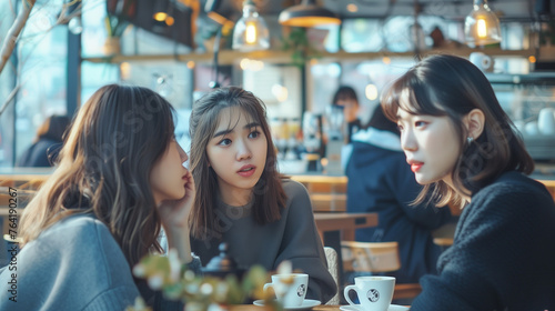 young woman sitting in a pub with her friends, group of friends in a cafe pub drinking and chatting, friends sitting in pretty cafe restaurant  photo