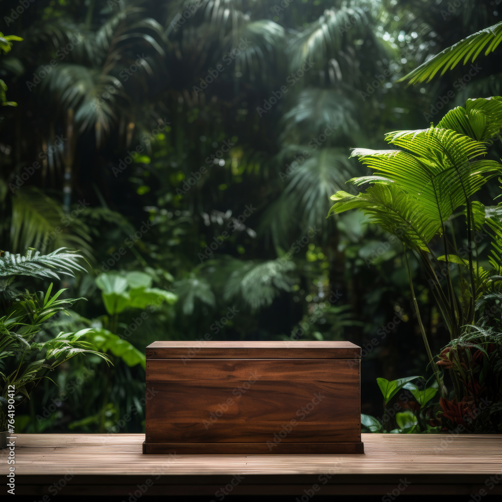 Fototapeta premium Professional photography of jungle themed empty space mockup podium with a stunning nature backgroun