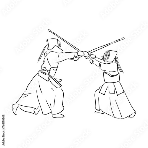 black and white sketch kendo samurai vector