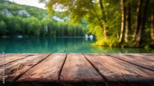 The empty wooden table top with blur background of Plitvice lakes. Exuberant image. generative ai © Summit Art Creations