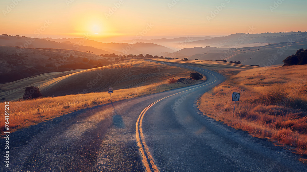 Symbolize the journey towards achieving one's dreams with an image of a winding road stretching into the distance, lined with signposts labeled with goals and aspirations.