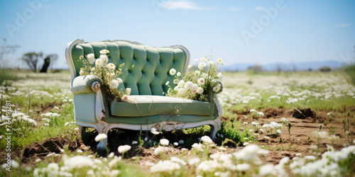 Vintage green sofa with flowers in the field under a blue sky on a sunny day, unity with nature