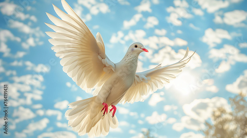 A white dove gracefully glides through the open sky, a symbol of peace and freedom.