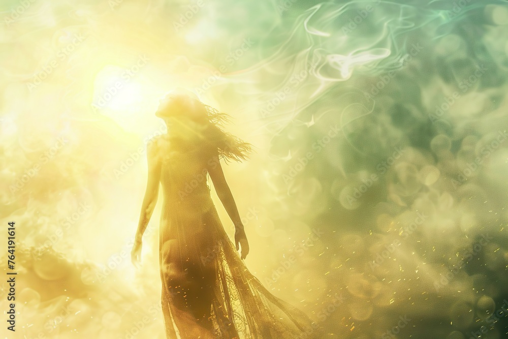 Göttliche Frau im langen Kleid blickt Richtung Sonne und erstrahlt hell, atmosphärisch - obrazy, fototapety, plakaty 