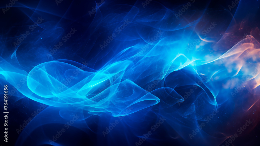 Vibrant blue, orange smoke swirling together against a deep black background, creating a striking and dynamic abstract composition. Energy and dynamics. Virtual space and particles. Banner. Copy space