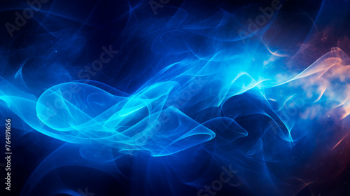 Vibrant blue  orange smoke swirling together against a deep black background  creating a striking and dynamic abstract composition. Energy and dynamics. Virtual space and particles. Banner. Copy space