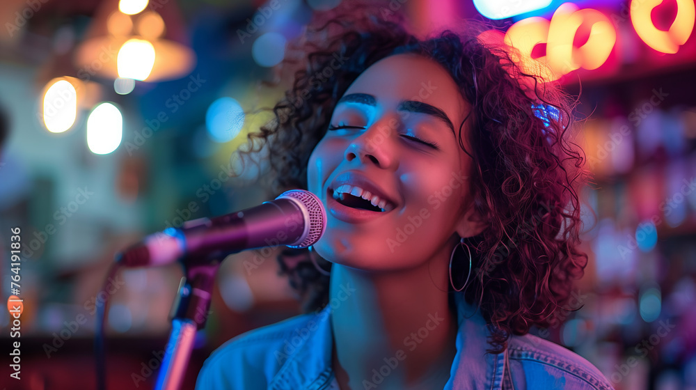 Set the scene for a karaoke night with a young woman singing at a karaoke bar next to a sign, capturing the excitement and energy of a night out with friends. Set the scene for a karaoke night with a young woman singing at a karaoke bar next to a sign, capturing the excitement and energy of a night out with friends.