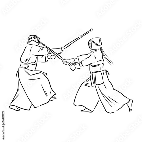 black and white sketch kendo samurai vector