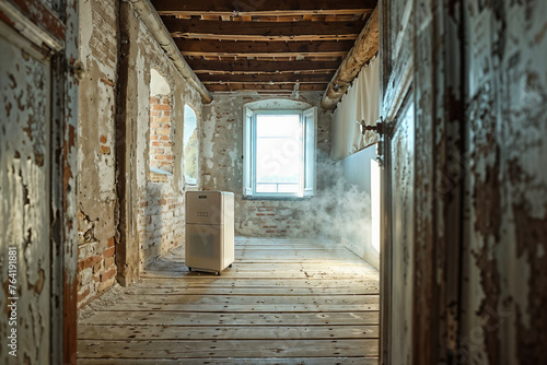 A dehumidifier works in a room under renovation, improving air quality and moisture control © bluebeat76